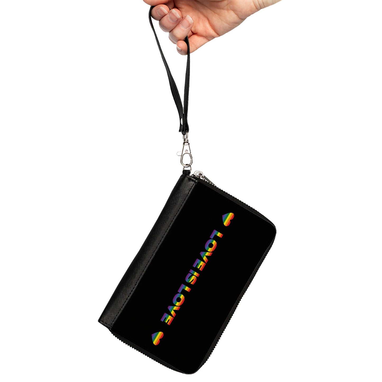 Women's PU Zip Around Wallet Rectangle - LOVE IS LOVE Heart Black Rainbow