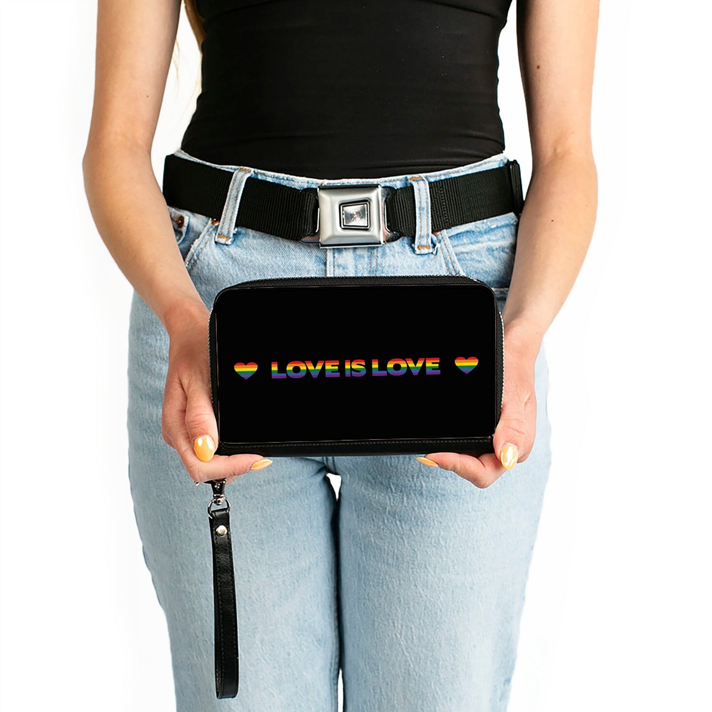 Women's PU Zip Around Wallet Rectangle - LOVE IS LOVE Heart Black Rainbow