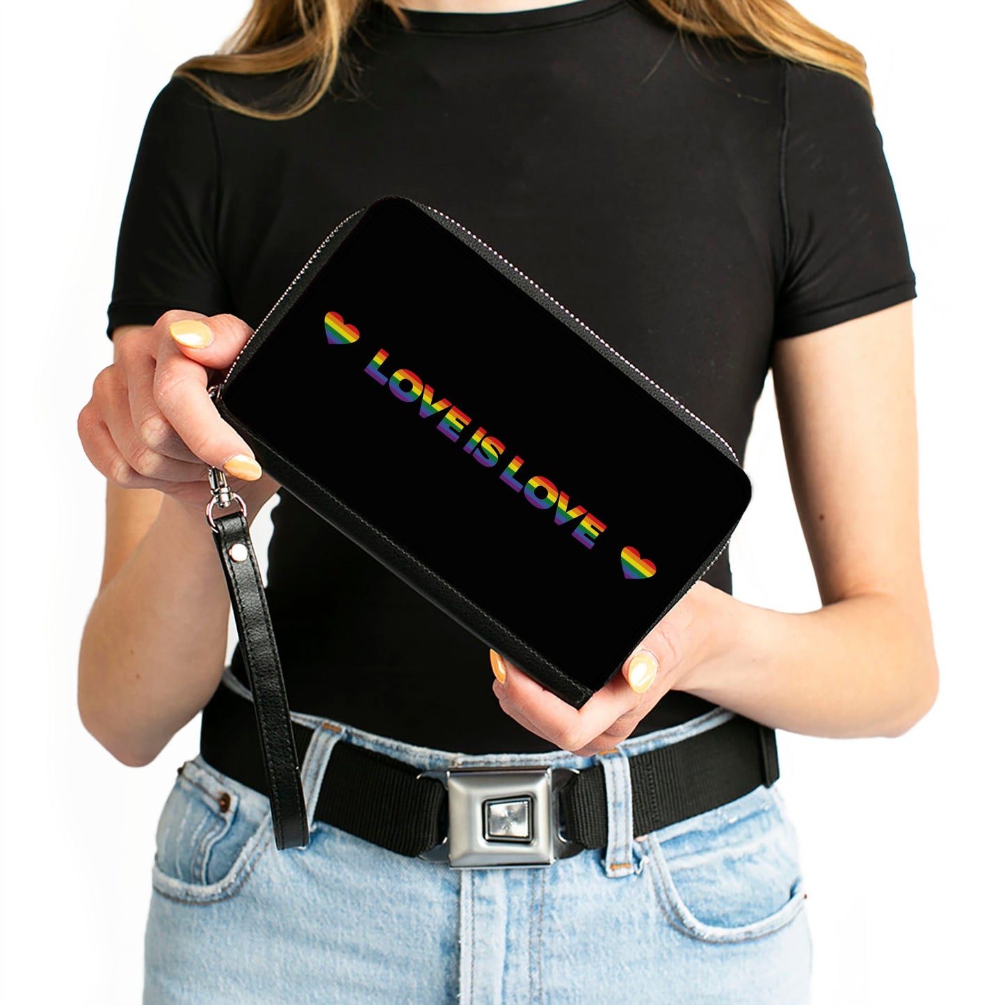 Women's PU Zip Around Wallet Rectangle - LOVE IS LOVE Heart Black Rainbow