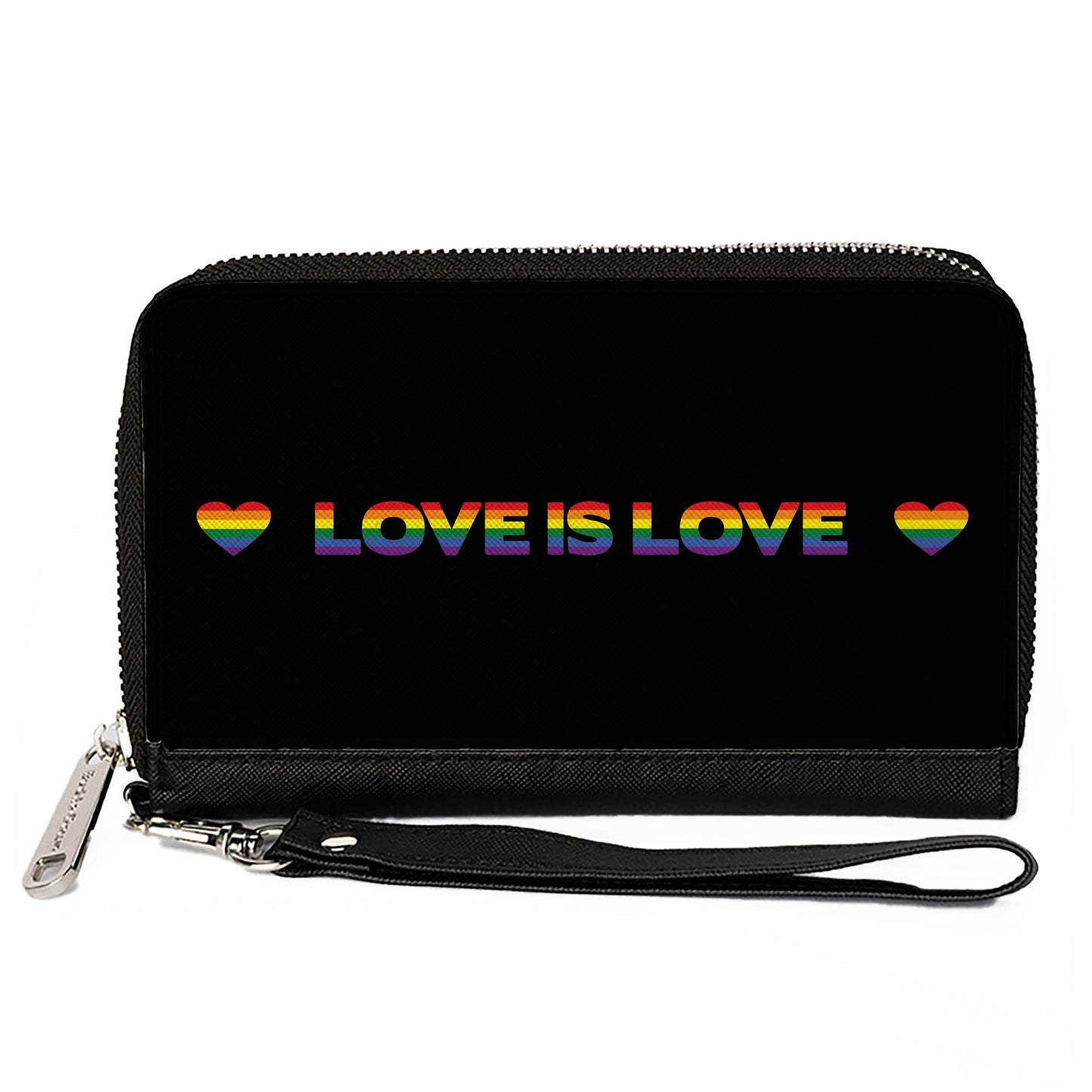 Women's PU Zip Around Wallet Rectangle - LOVE IS LOVE Heart Black Rainbow