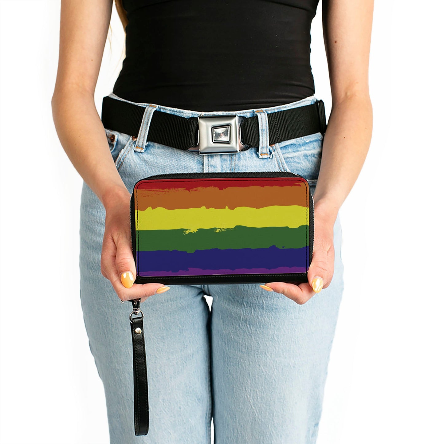 Women's PU Zip Around Wallet Rectangle - Rainbow Stripe Painted