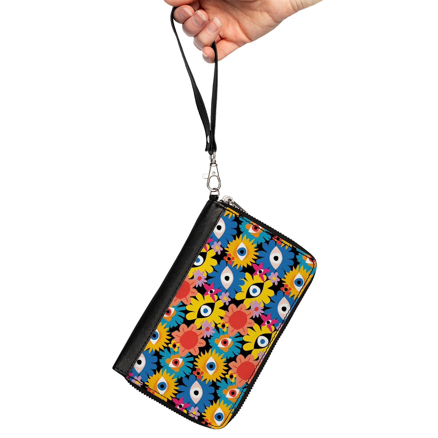 PU Zip Around Wallet Rectangle - Funky Eye Flowers Black/Multi Color