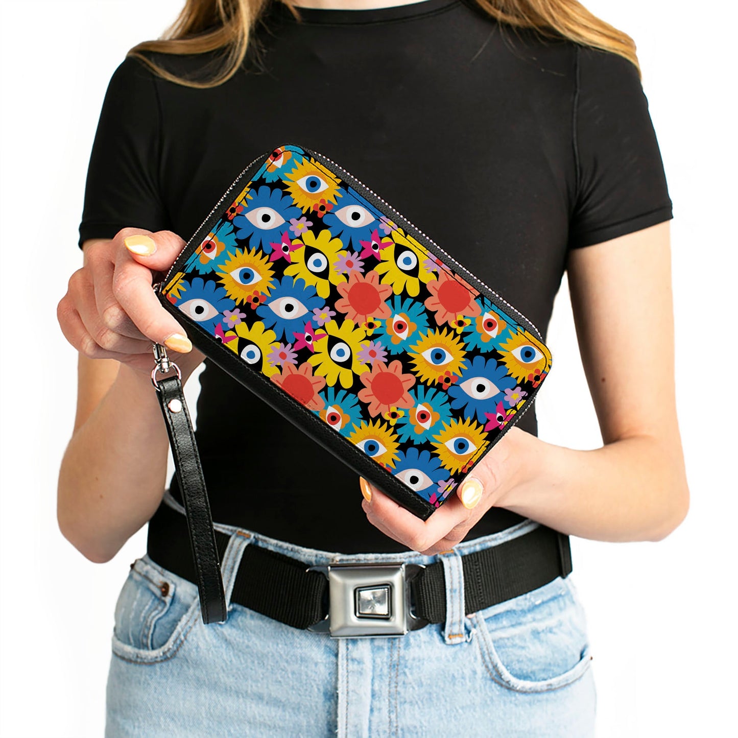 PU Zip Around Wallet Rectangle - Funky Eye Flowers Black/Multi Color