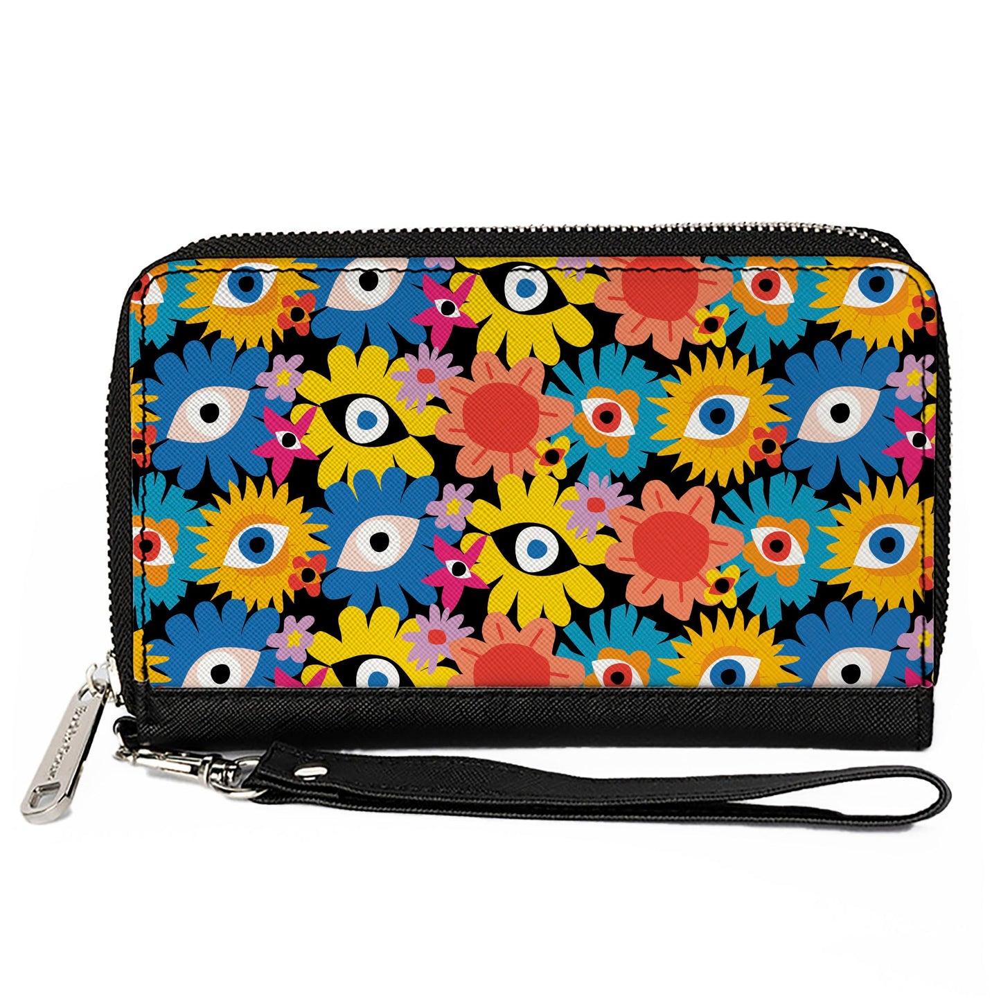 PU Zip Around Wallet Rectangle - Funky Eye Flowers Black/Multi Color