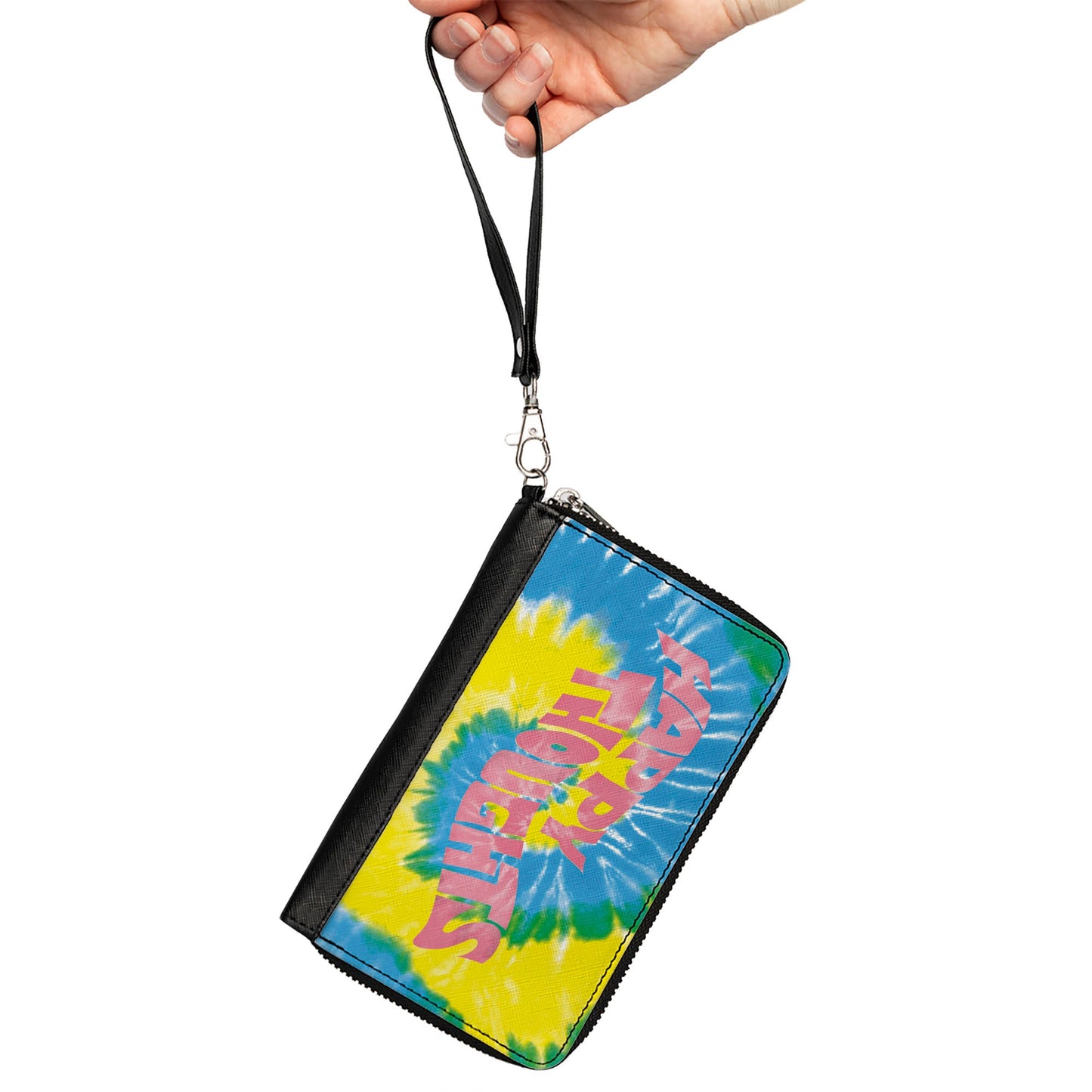 Women's PU Zip Around Wallet Rectangle - HAPPY THOUGHTS Tie Dye Blue Yellow White Pink