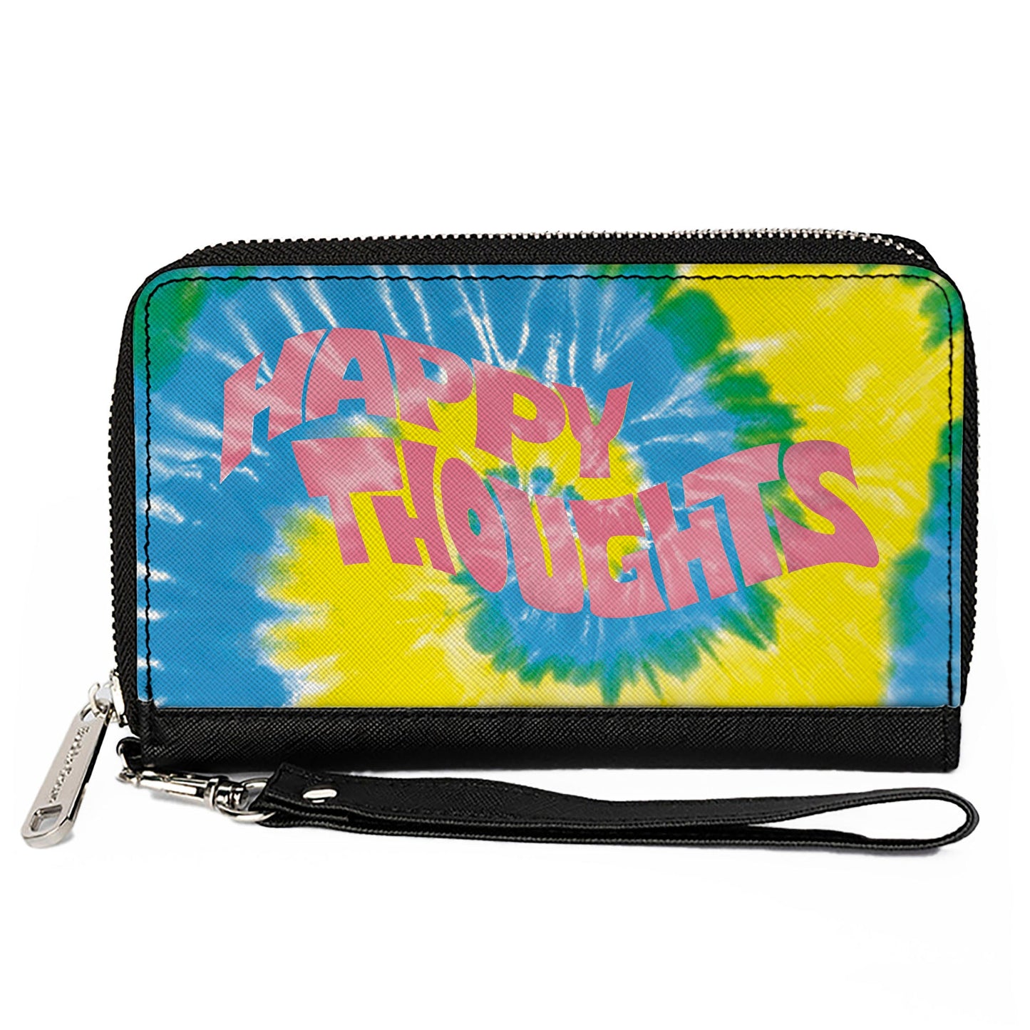 Women's PU Zip Around Wallet Rectangle - HAPPY THOUGHTS Tie Dye Blue Yellow White Pink