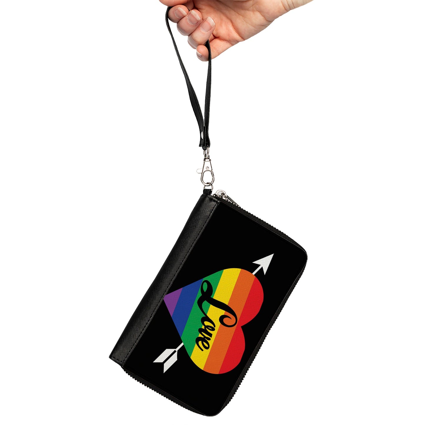 Women's PU Zip Around Wallet Rectangle - LOVE Rainbow Stripe Heart Black Multi Color