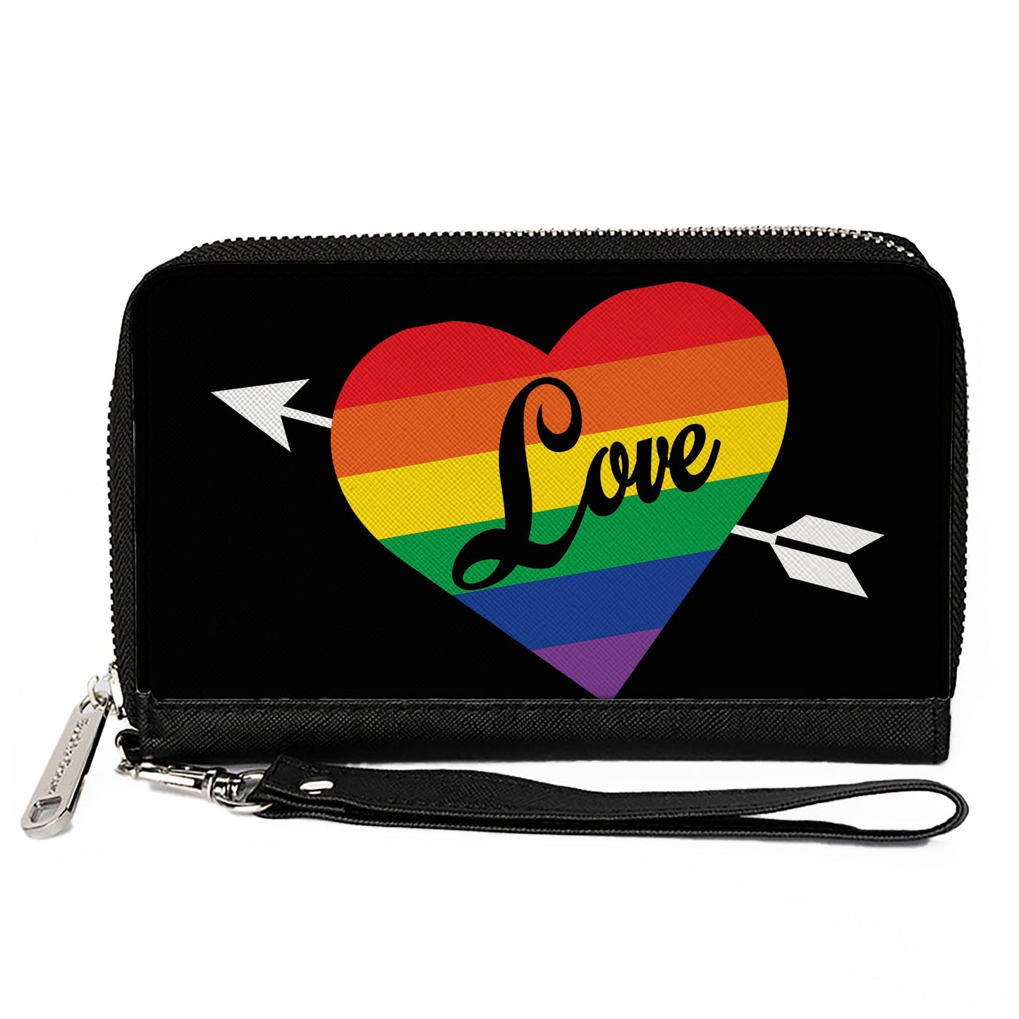 Women's PU Zip Around Wallet Rectangle - LOVE Rainbow Stripe Heart Black Multi Color