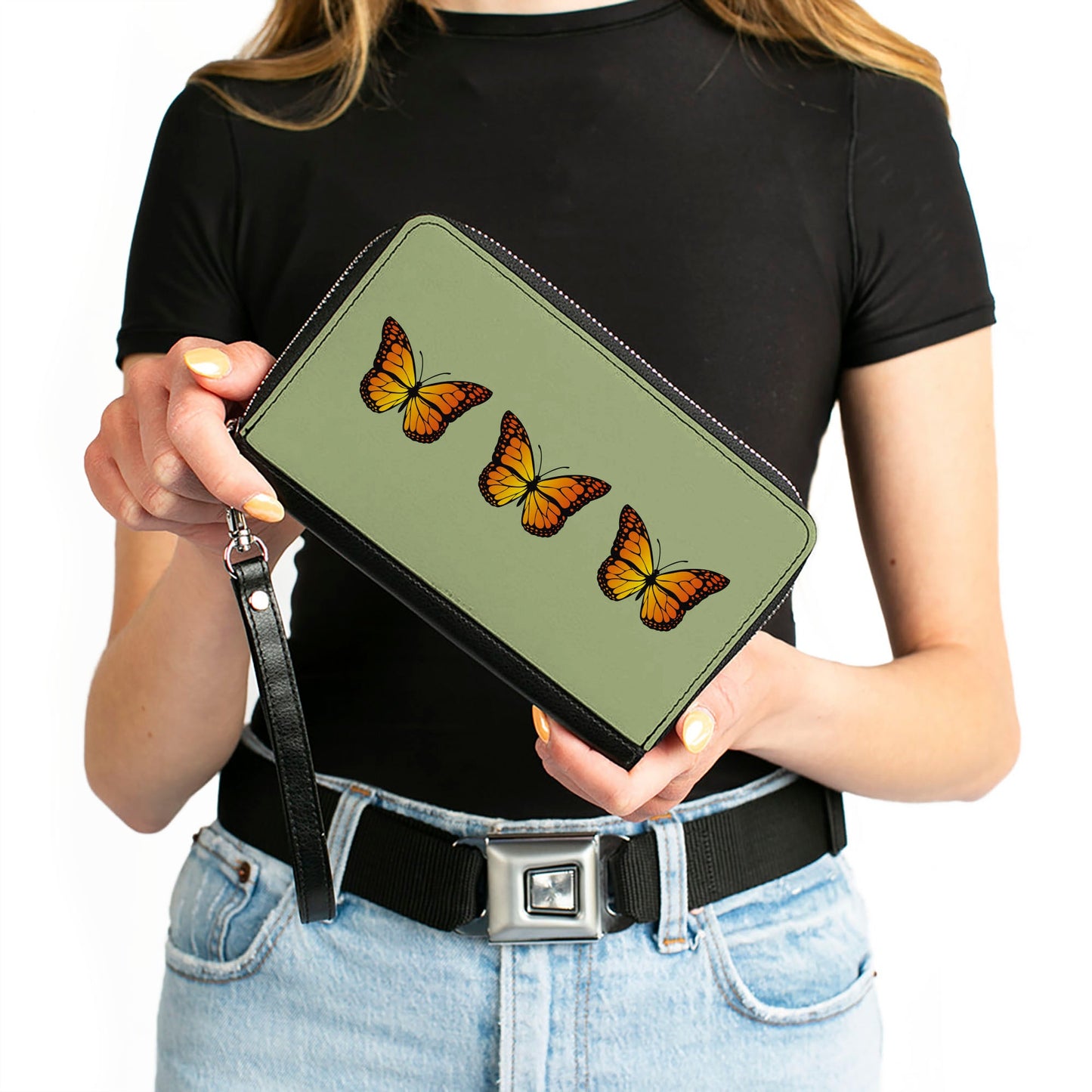 Women's PU Zip Around Wallet Rectangle - Monarch Butterfly Trio Olive Green