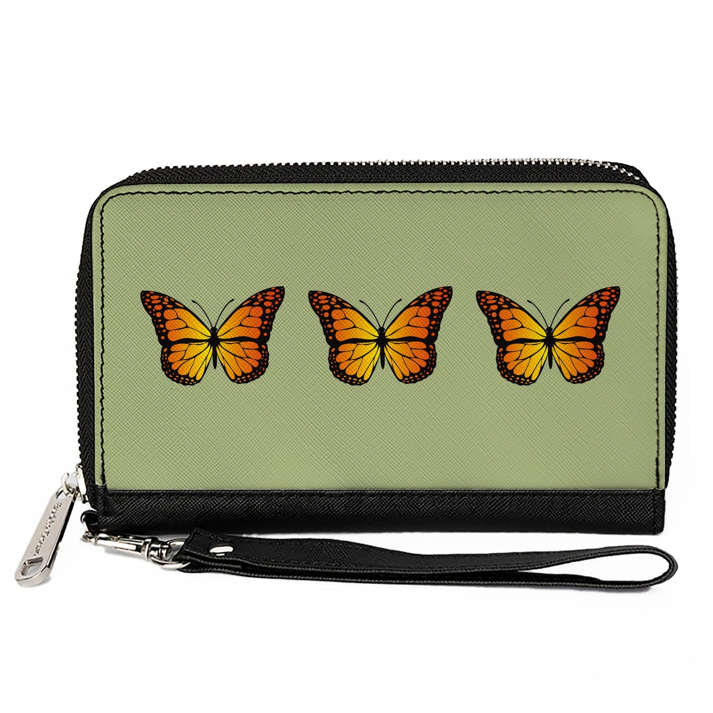 Women's PU Zip Around Wallet Rectangle - Monarch Butterfly Trio Olive Green