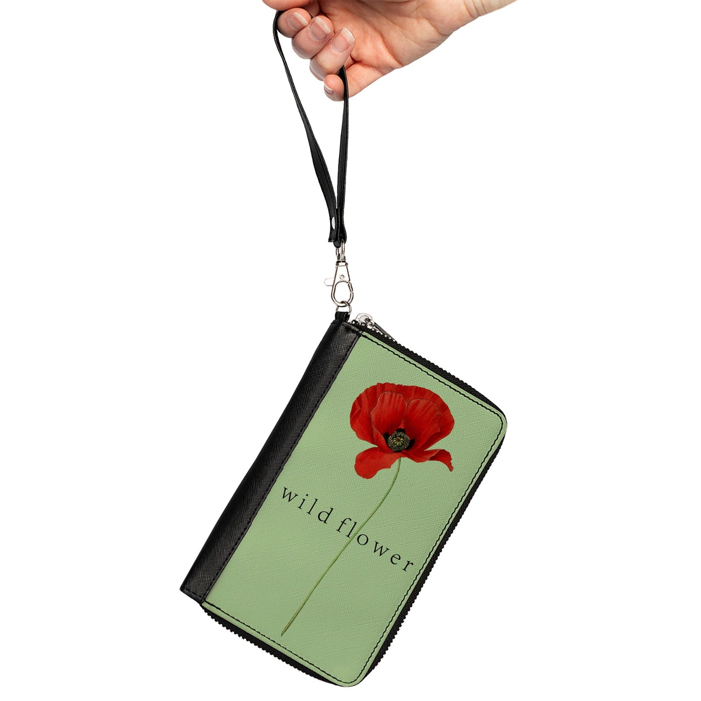 Women's PU Zip Around Wallet Rectangle - Poppy Flower WILD FLOWER Green Reds