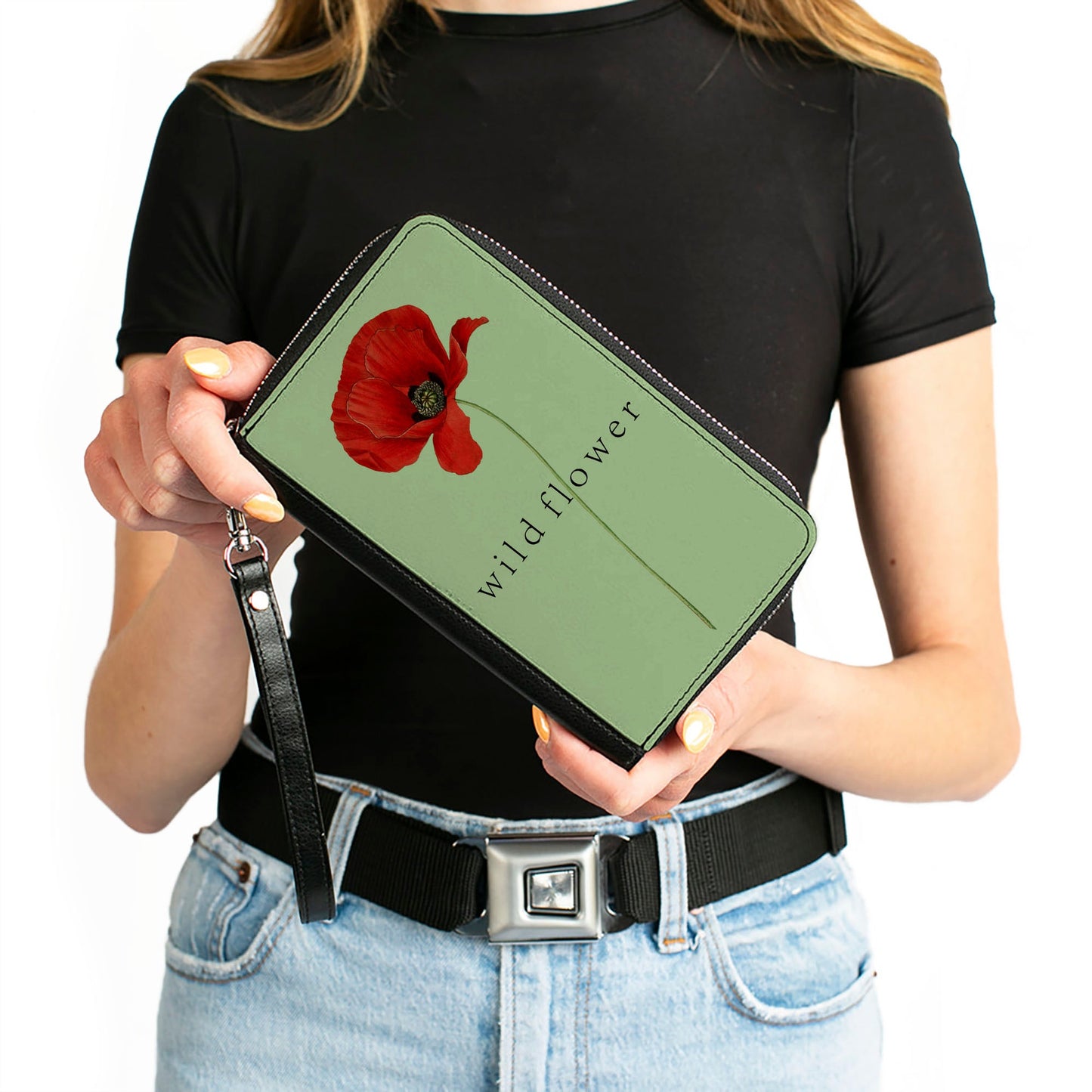 Women's PU Zip Around Wallet Rectangle - Poppy Flower WILD FLOWER Green Reds