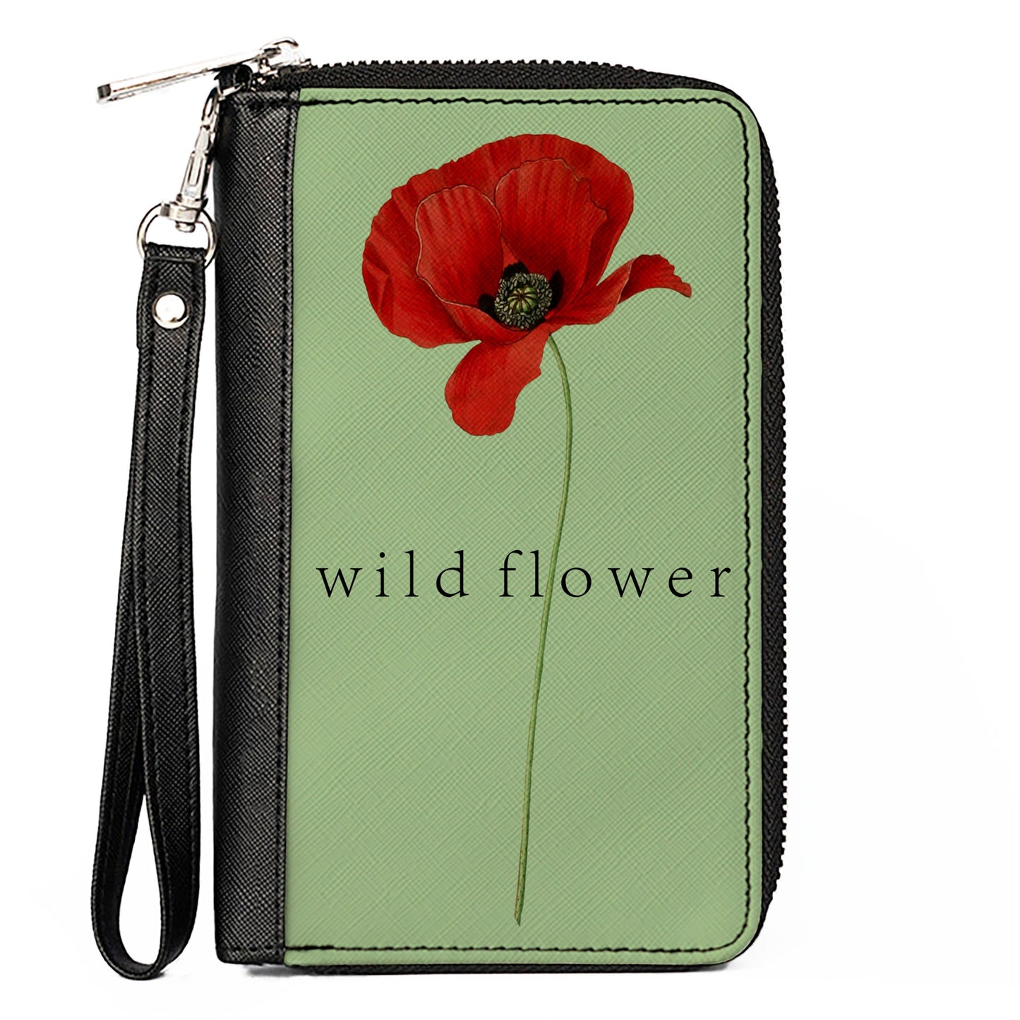 Women's PU Zip Around Wallet Rectangle - Poppy Flower WILD FLOWER Green Reds