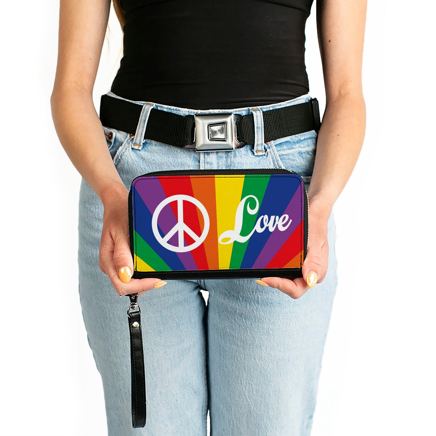 Women's PU Zip Around Wallet Rectangle - PEACE and LOVE Rainbow Rays Multi Color White