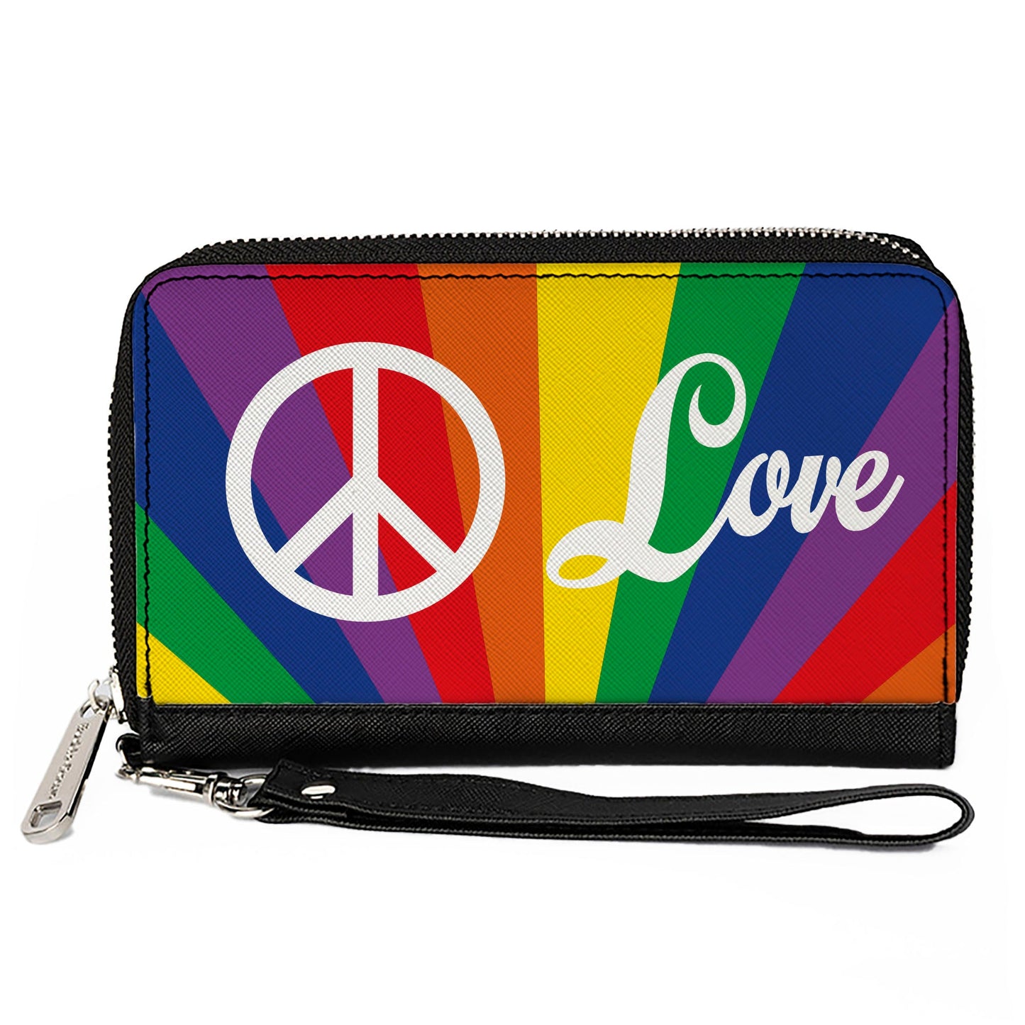 Women's PU Zip Around Wallet Rectangle - PEACE and LOVE Rainbow Rays Multi Color White