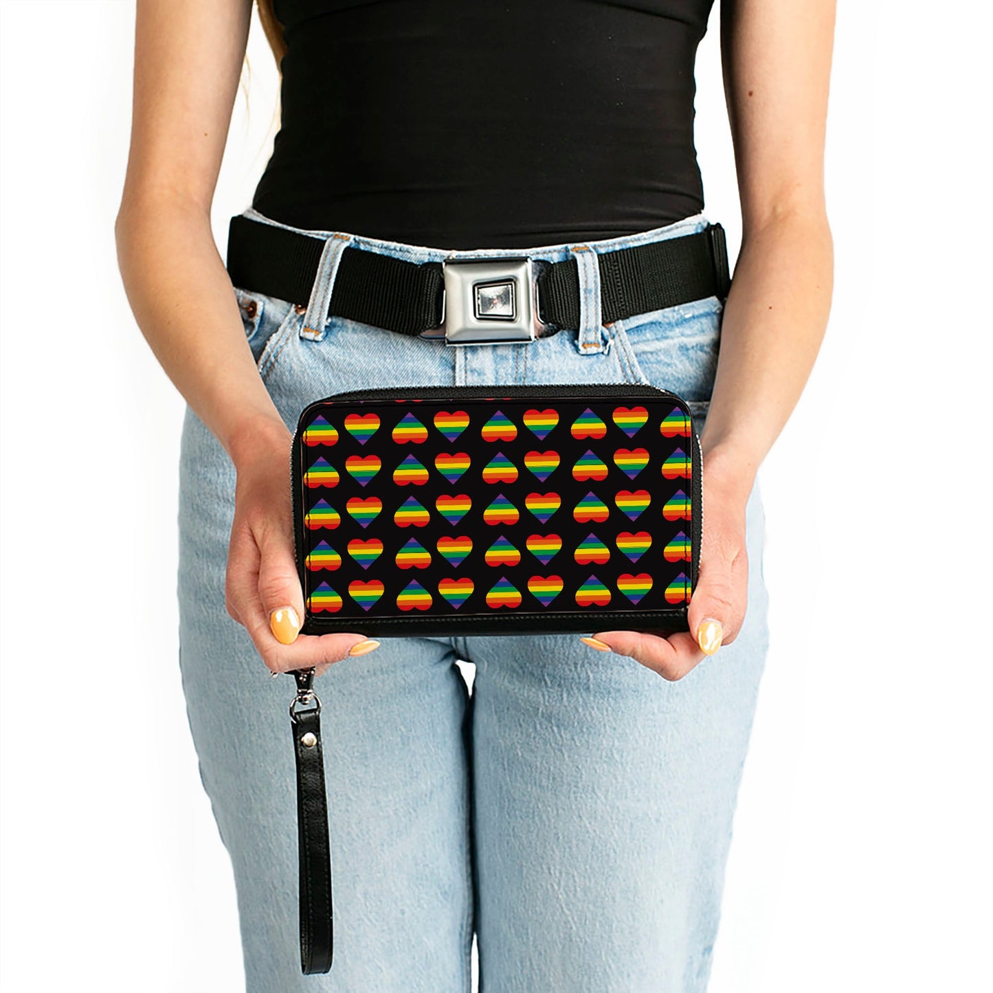 Women's PU Zip Around Wallet Rectangle - Rainbow Hearts Flip Black Multi Color