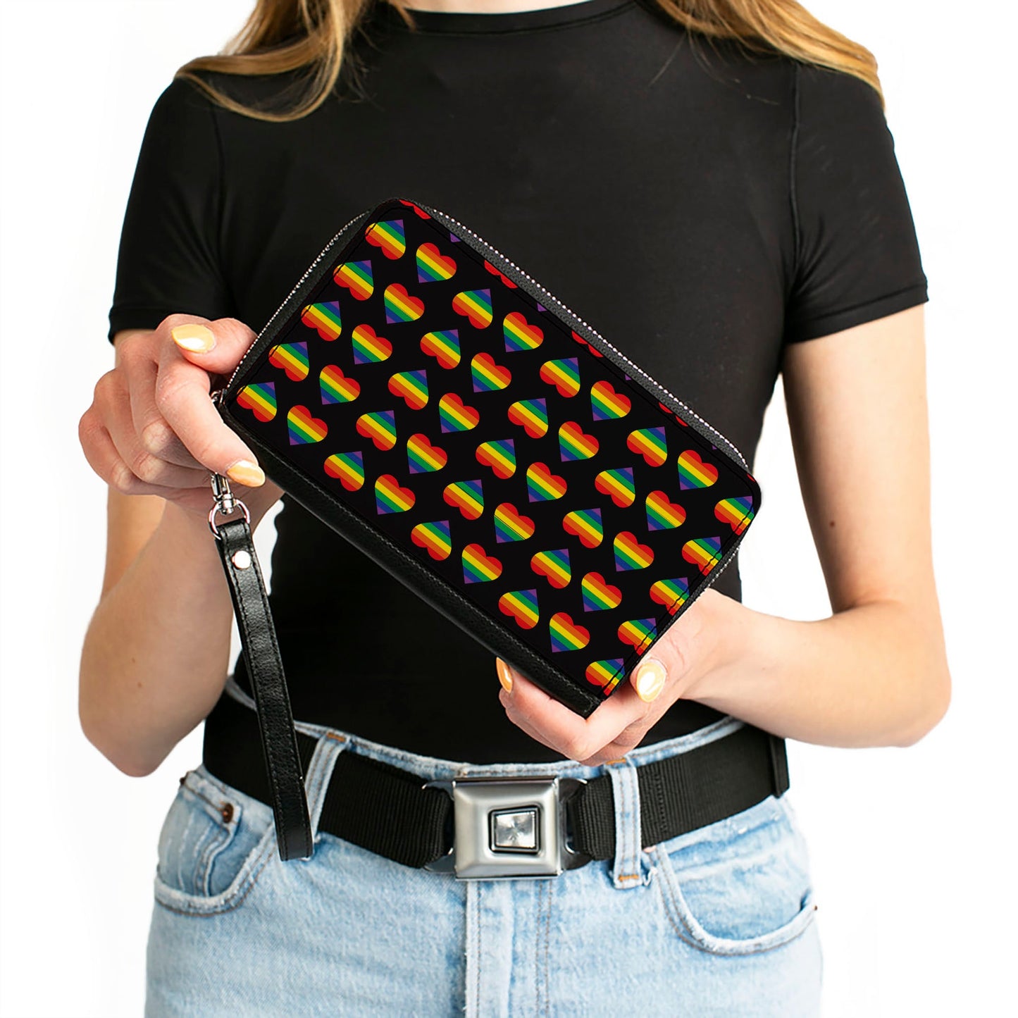 Women's PU Zip Around Wallet Rectangle - Rainbow Hearts Flip Black Multi Color