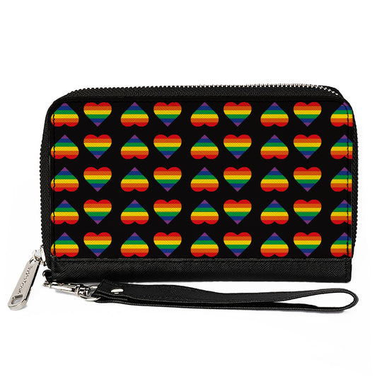 Women's PU Zip Around Wallet Rectangle - Rainbow Hearts Flip Black Multi Color