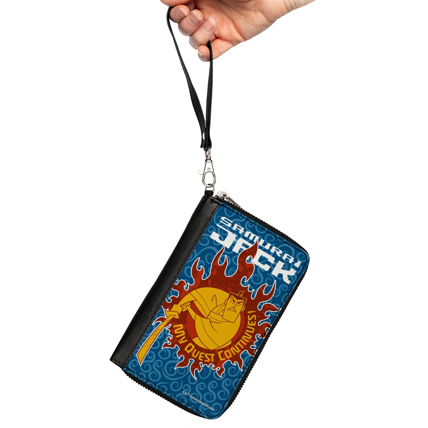 PU Zip Around Wallet Rectangle - SAMURAI JACK MY QUEST CONTINUES Katana Pose Swirl Blues