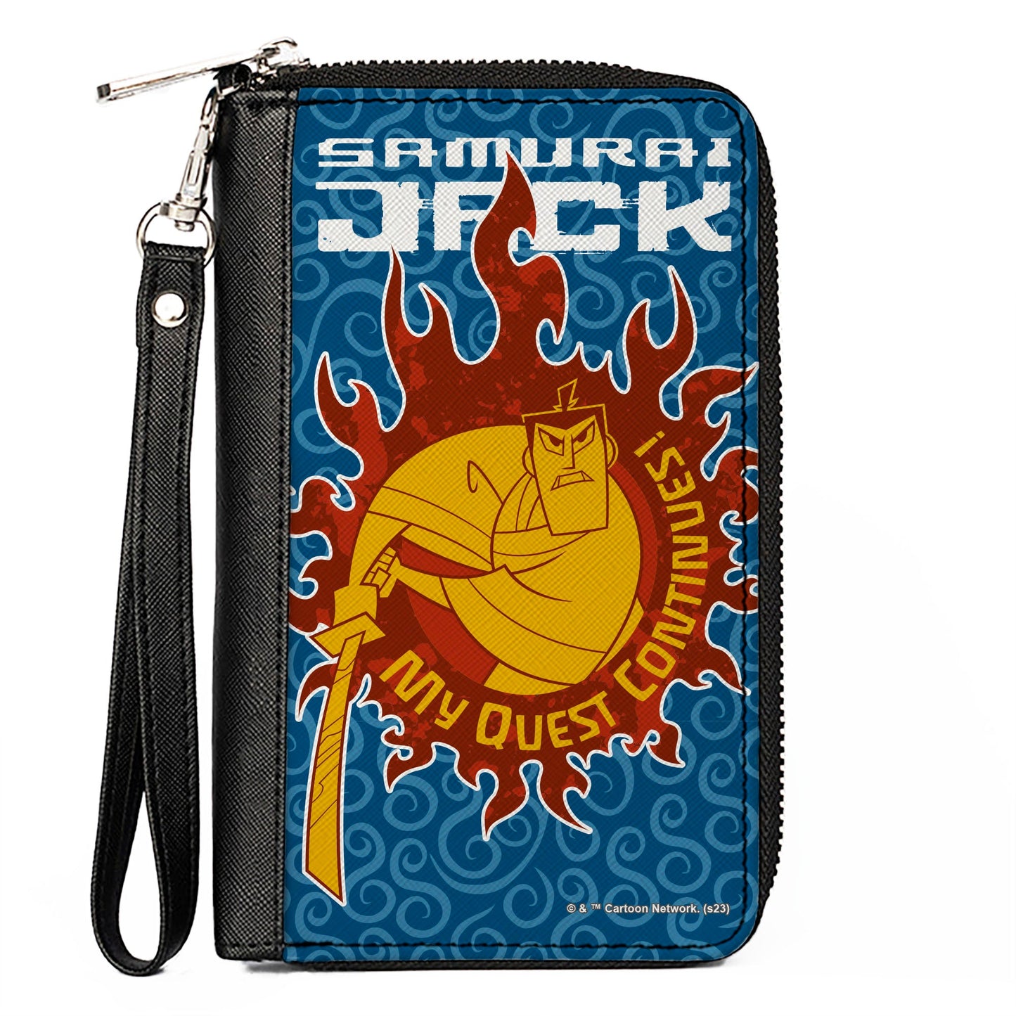 PU Zip Around Wallet Rectangle - SAMURAI JACK MY QUEST CONTINUES Katana Pose Swirl Blues