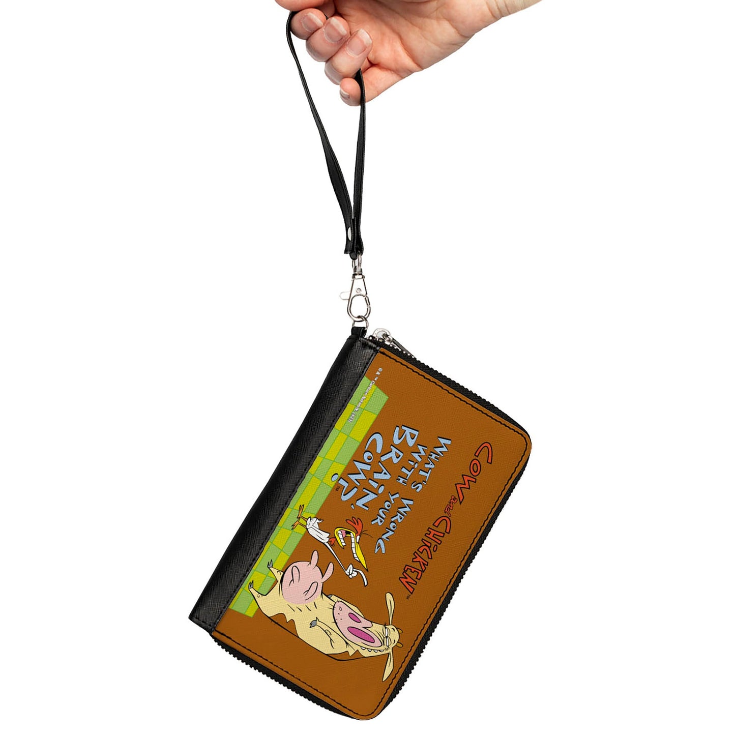 PU Zip Around Wallet Rectangle - COW AND CHICKEN WHAT'S WRONG WITH YOUR BRAIN Pose and Title Logo Brown