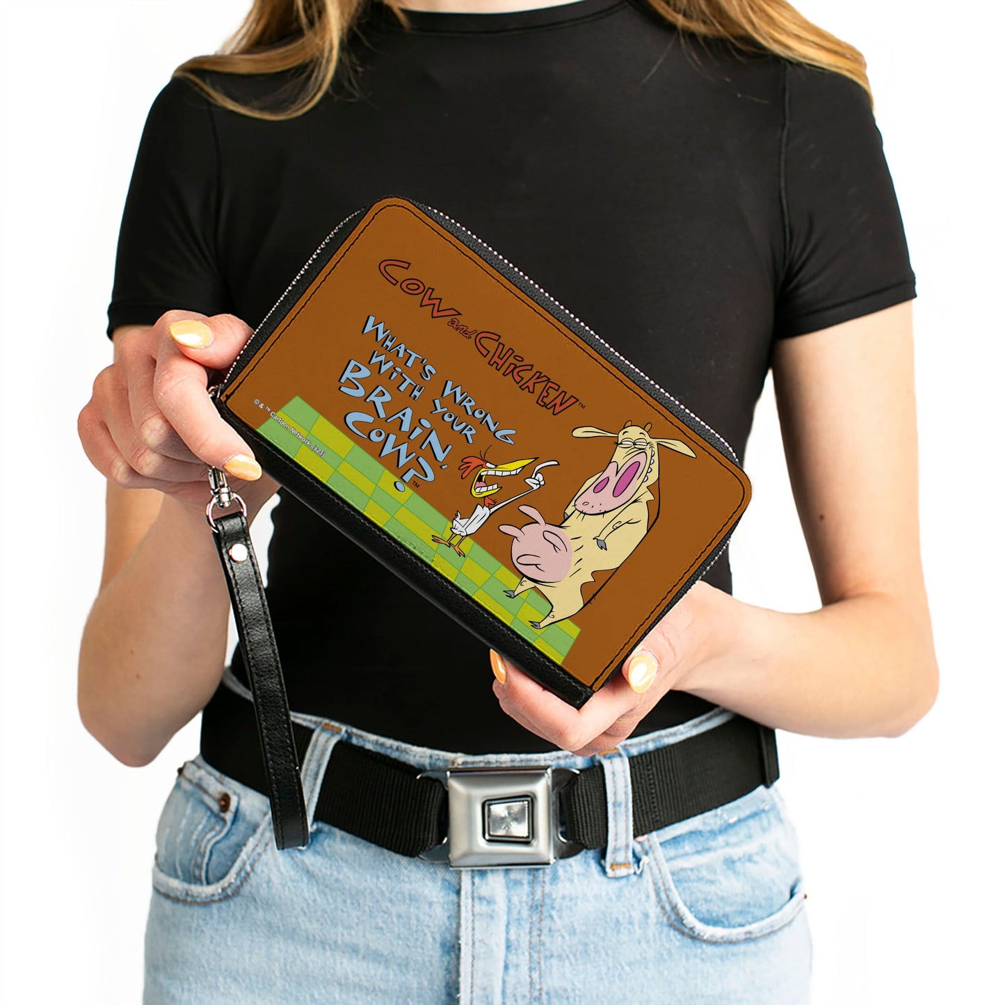 PU Zip Around Wallet Rectangle - COW AND CHICKEN WHAT'S WRONG WITH YOUR BRAIN Pose and Title Logo Brown