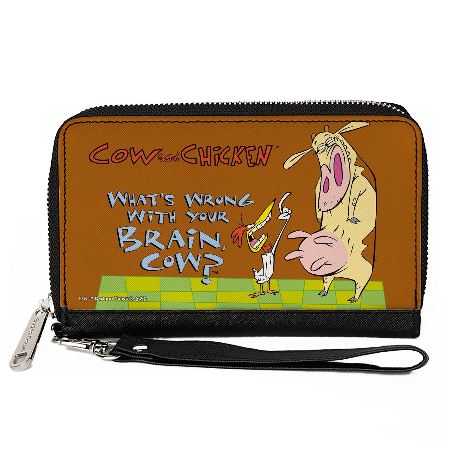 PU Zip Around Wallet Rectangle - COW AND CHICKEN WHAT'S WRONG WITH YOUR BRAIN Pose and Title Logo Brown