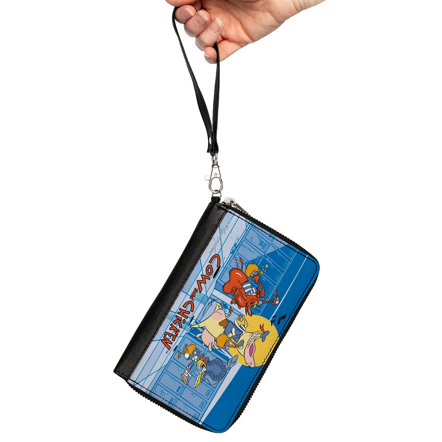 PU Zip Around Wallet Rectangle - COW AND CHICKEN with Red Guy Running Pose and Title Logo Blues