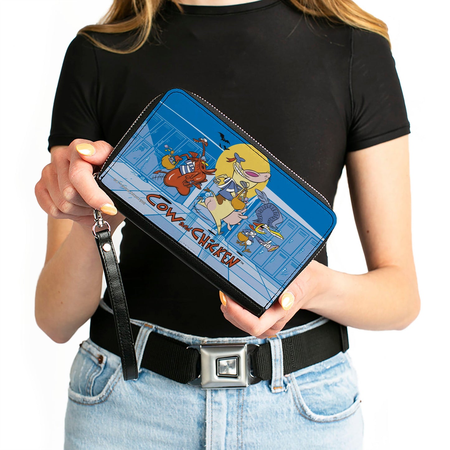 PU Zip Around Wallet Rectangle - COW AND CHICKEN with Red Guy Running Pose and Title Logo Blues