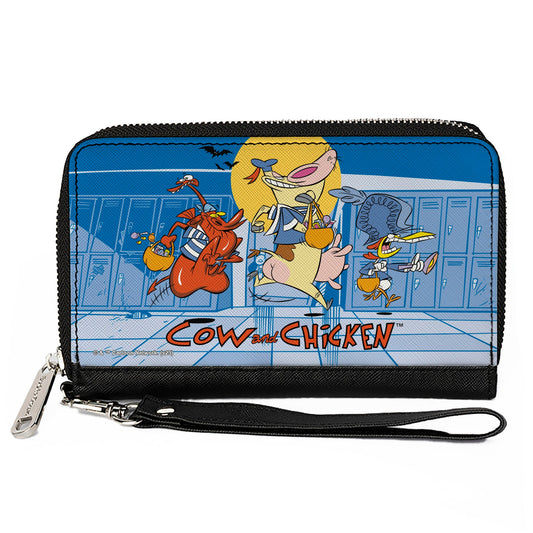 PU Zip Around Wallet Rectangle - COW AND CHICKEN with Red Guy Running Pose and Title Logo Blues