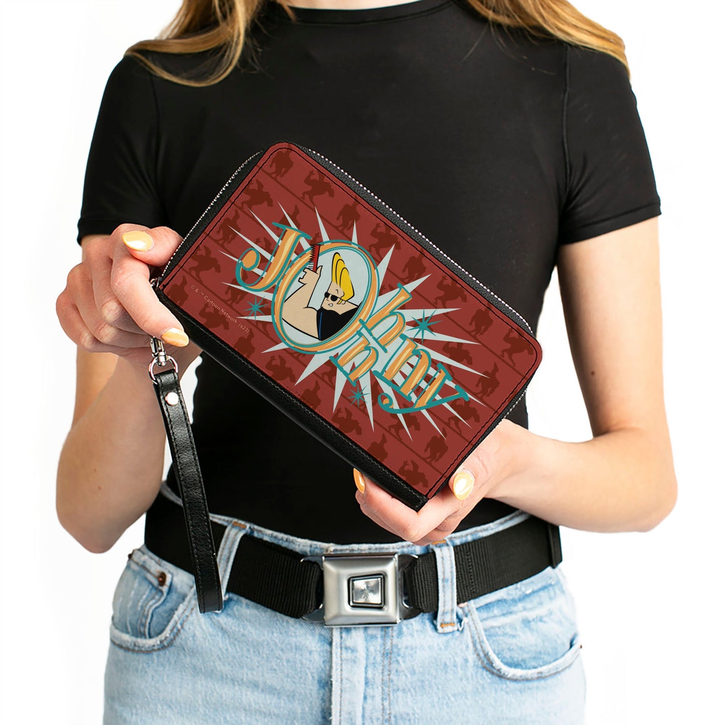 PU Zip Around Wallet Rectangle - JOHNNY BRAVO Title Logo and Flex Pose Turns Reds