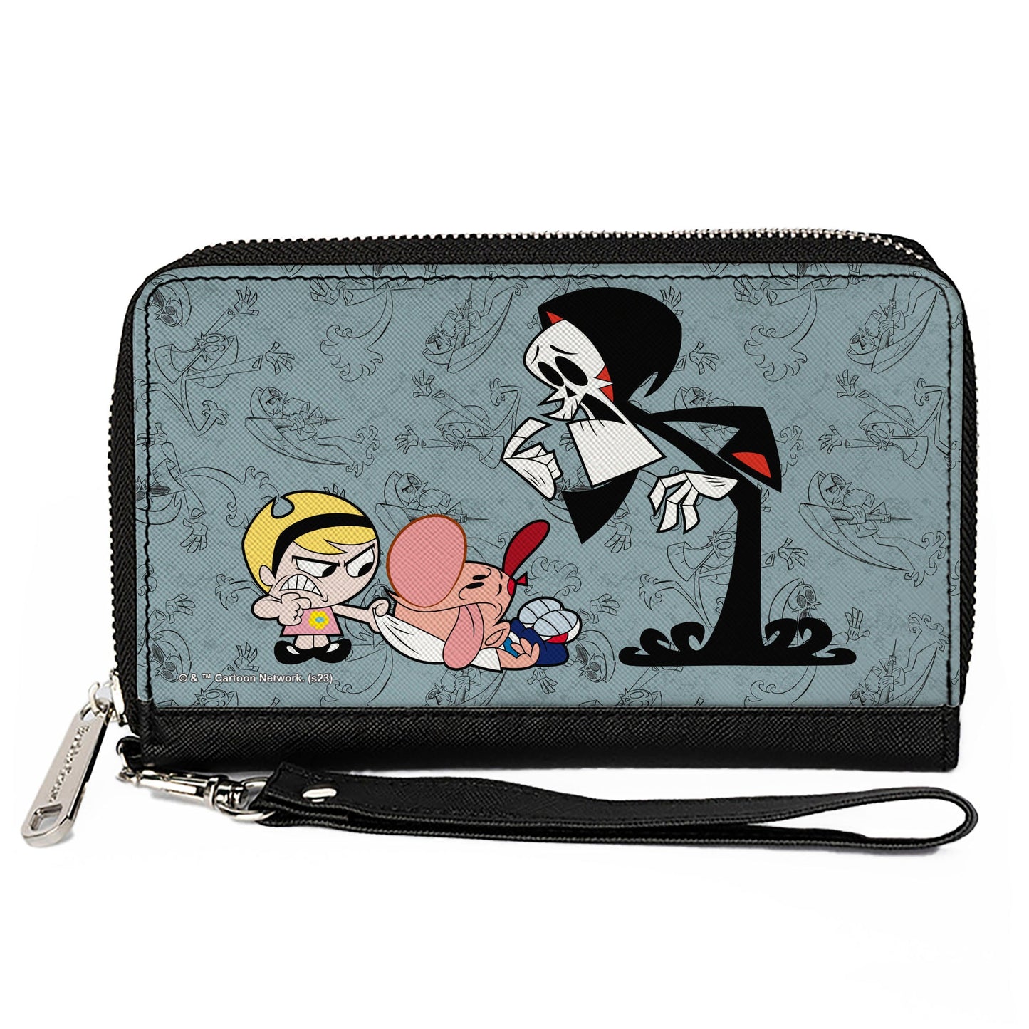 PU Zip Around Wallet Rectangle - The Grim Adventures of Billy & Mandy Group Pose and Grim Sketches Gray