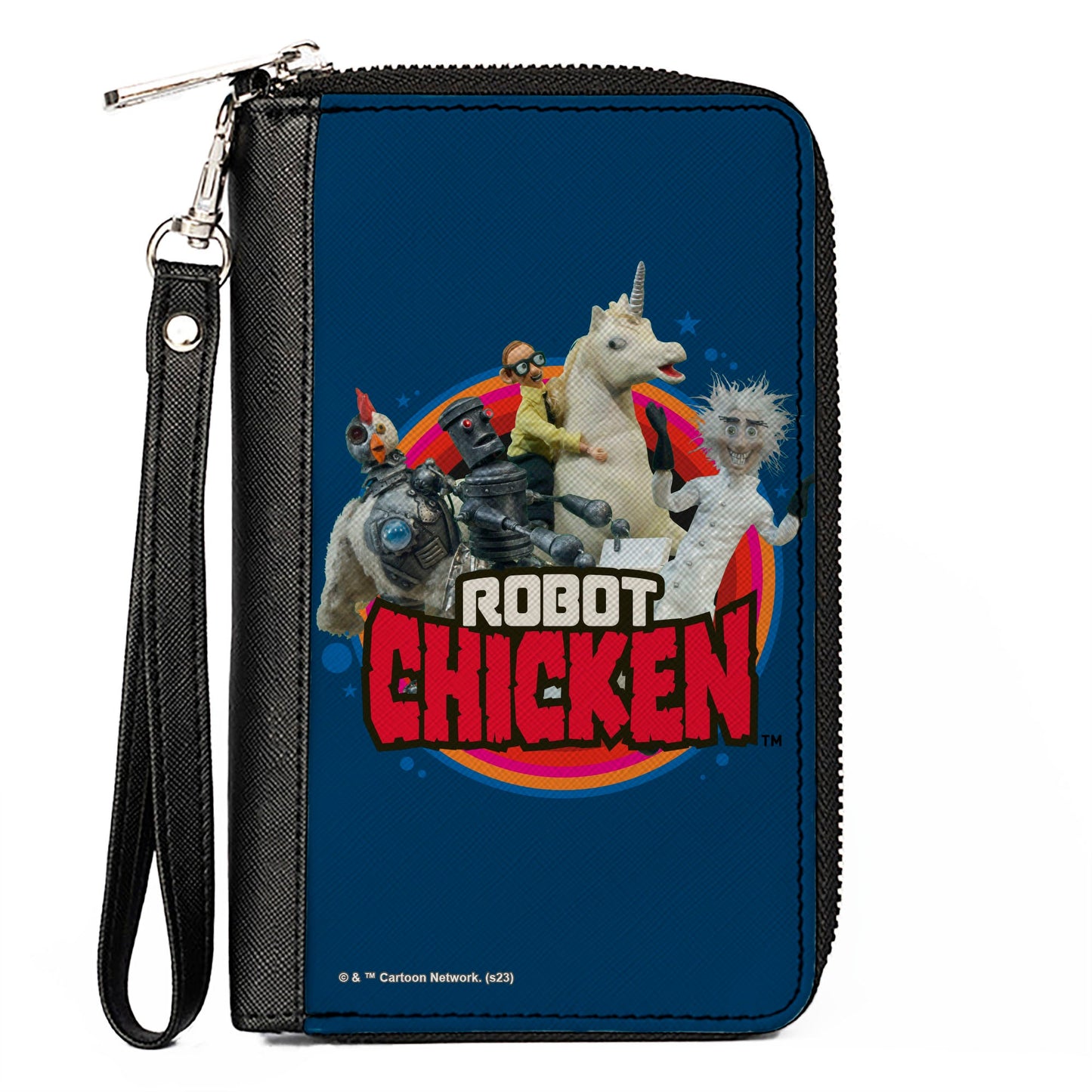 PU Zip Around Wallet Rectangle - ROBOT CHICKEN Title Logo and Group Pose Blue