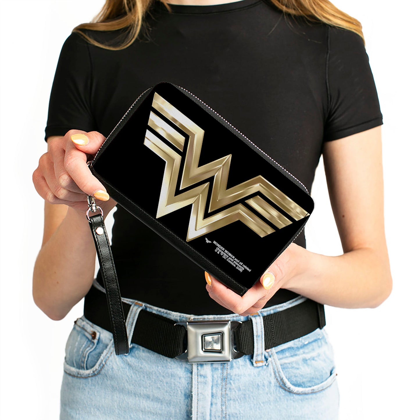 Women's PU Zip Around Wallet Rectangle - Wonder Woman 1984 WW Logo Black Golds