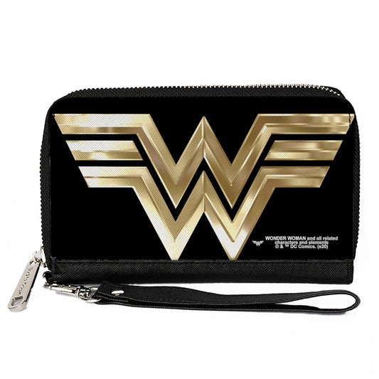 Women's PU Zip Around Wallet Rectangle - Wonder Woman 1984 WW Logo Black Golds