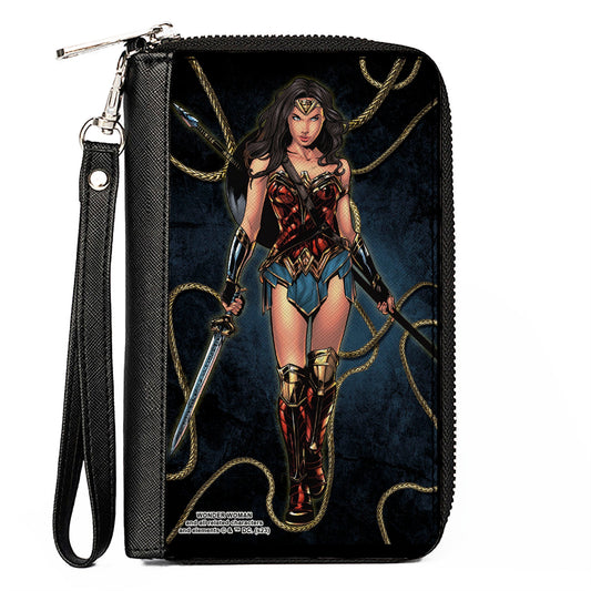 PU Zip Around Wallet Rectangle - Wonder Woman 2017 Standing Swords Pose with Lasso of Truth Blues/Golds