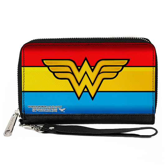 PU Zip Around Wallet Rectangle - Wonder Woman Logo/Stripe Red/Yellows/Blue