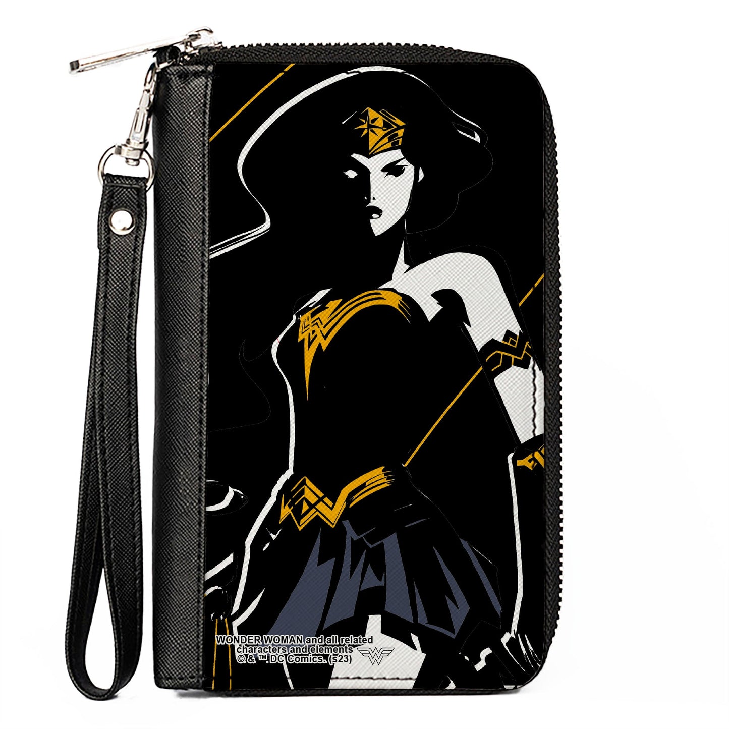 PU Zip Around Wallet Rectangle - Justice League 2017 Wonder Woman Pose Black/White/Gold/Blue