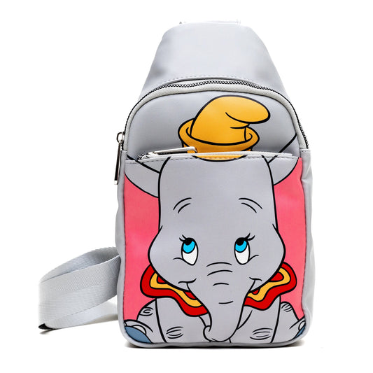 Disney Vegan Leather Crossbody Sling Bag with Adjustable Straps, Dumbo Sitting Pose Close Up, Gray, Bounding