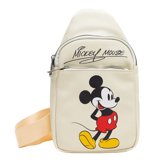 Disney Vegan Leather Crossbody Sling Bag with Adjustable Straps, Mickey Mouse Classic Pose and Autograph, Beige, Bounding