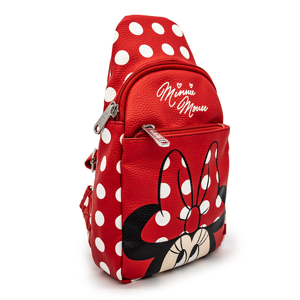 Crossbody Sling Bag  - Minnie Mouse Face Close-Up with Polka Dots Red/White