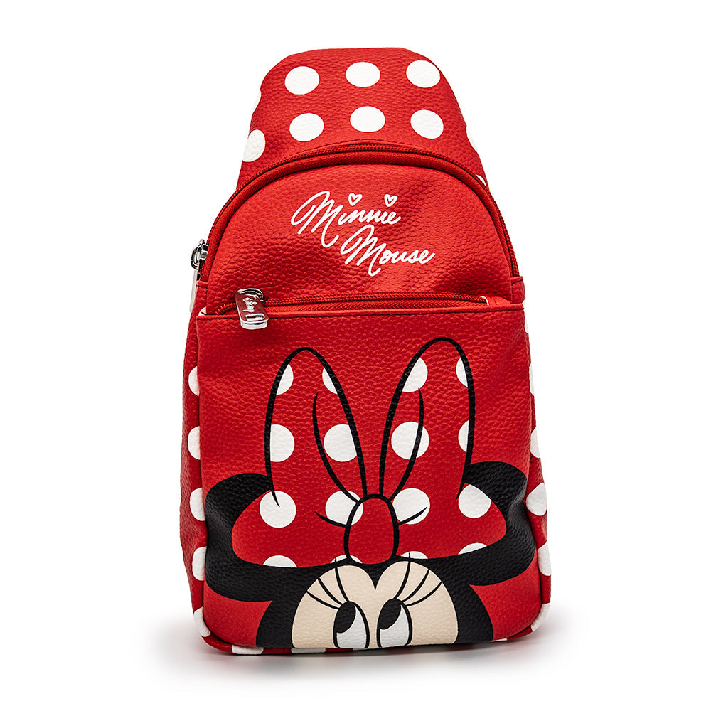 Crossbody Sling Bag  - Minnie Mouse Face Close-Up with Polka Dots Red/White