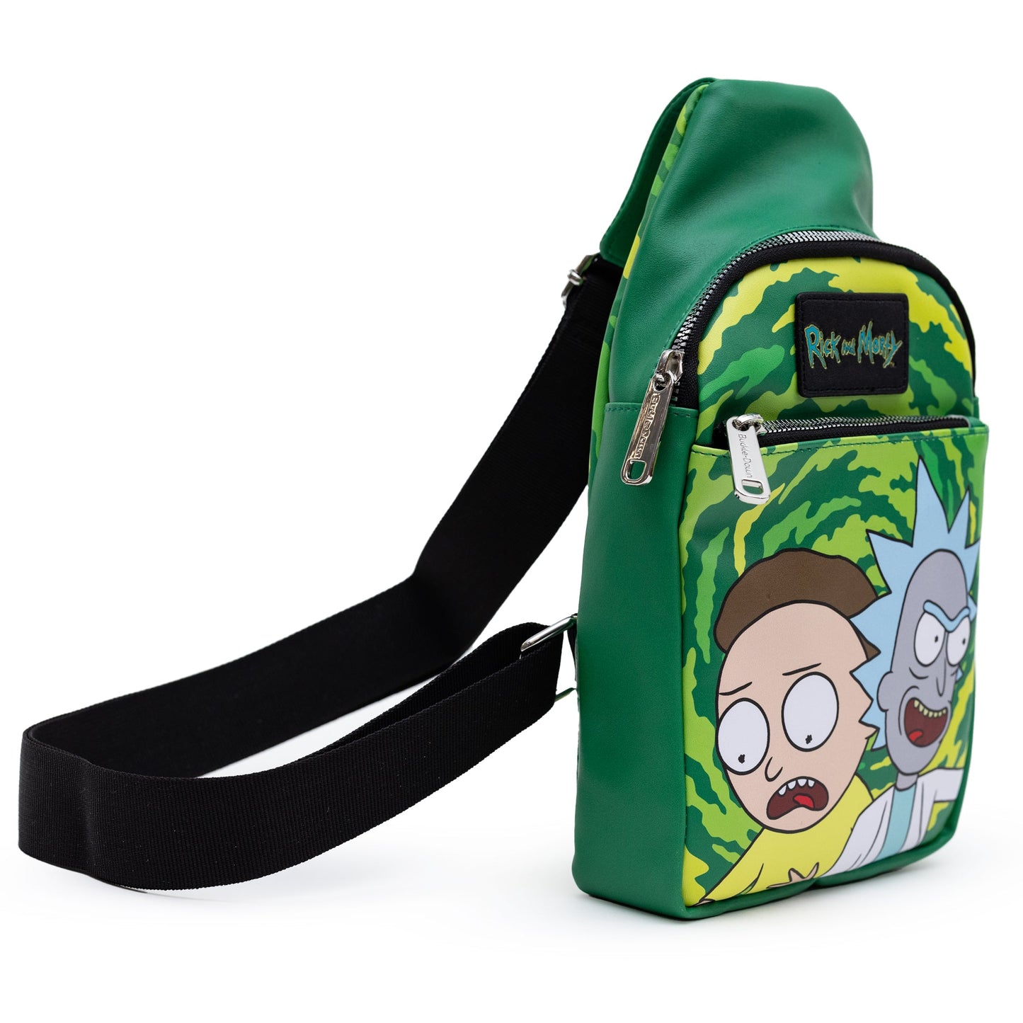 Rick and Morty Bag, Sling, Rick and Morty Get Schwifty Portal Pose Greens, Bounding, Vegan Leather