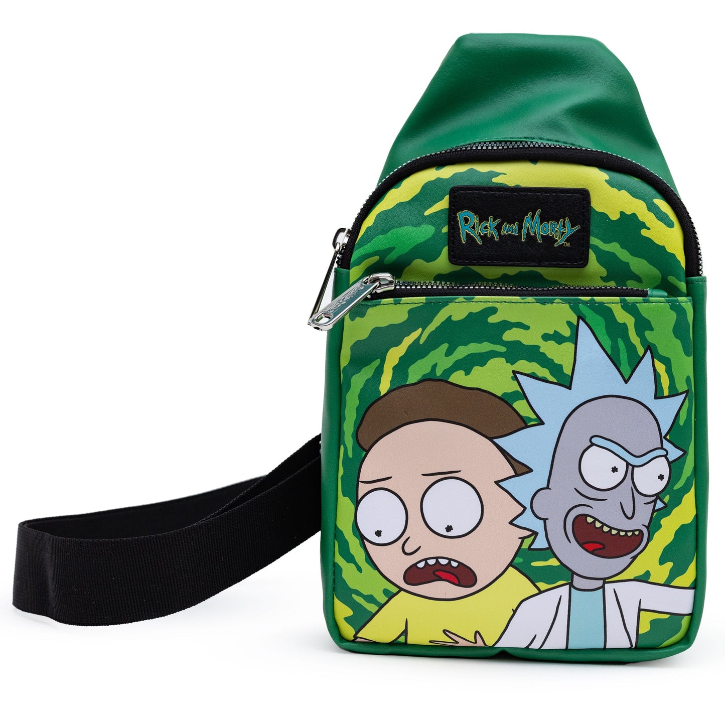 Rick and Morty Bag, Sling, Rick and Morty Get Schwifty Portal Pose Greens, Bounding, Vegan Leather