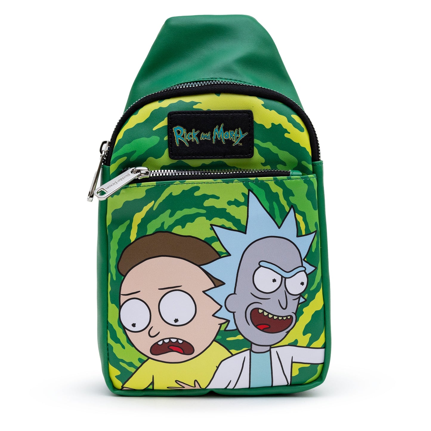 Rick and Morty Bag, Sling, Rick and Morty Get Schwifty Portal Pose Greens, Bounding, Vegan Leather