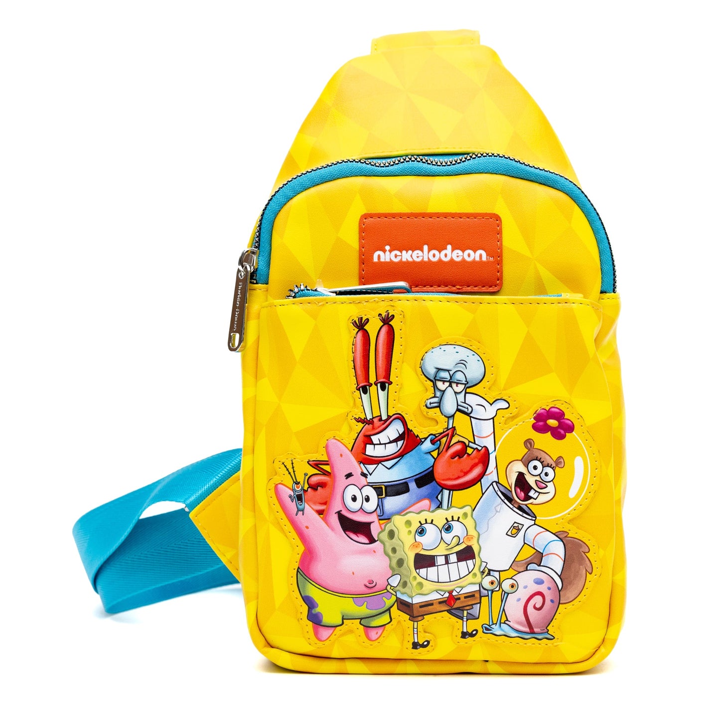 Nickelodeon Vegan Leather Crossbody Sling Bag with Adjustable Straps, SpongeBob SquarePants and Friends Pose Applique, Yellow