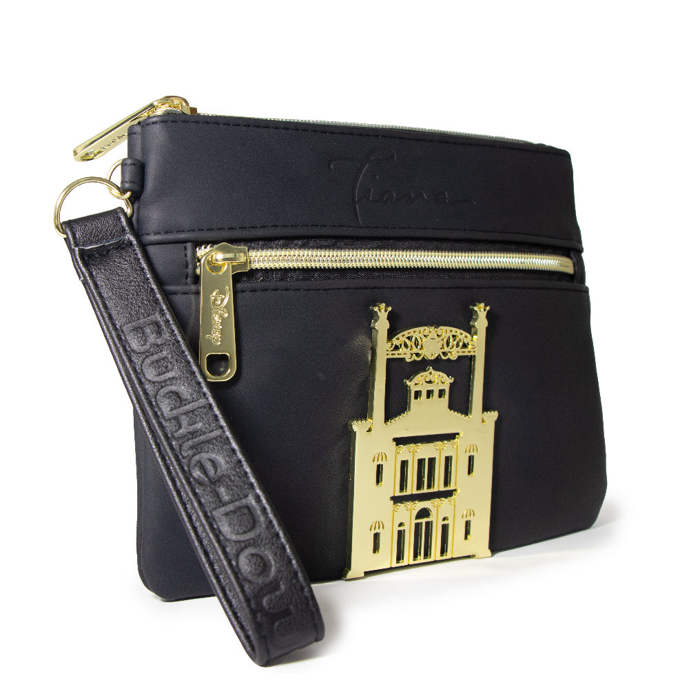 Women's Wallet Double Pocket Wristlet - Tiana Script Debossed Black with Castle Emblem Rose Gold