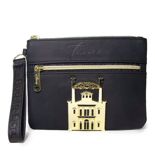 Women's Wallet Double Pocket Wristlet - Tiana Script Debossed Black with Castle Emblem Rose Gold