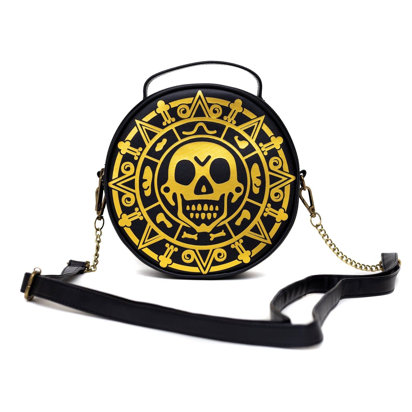 Disney Bag, Crossbody, Round, Pirates of the Caribbean Dead Men Tell No Tales Aztec Coin, Vegan Leather