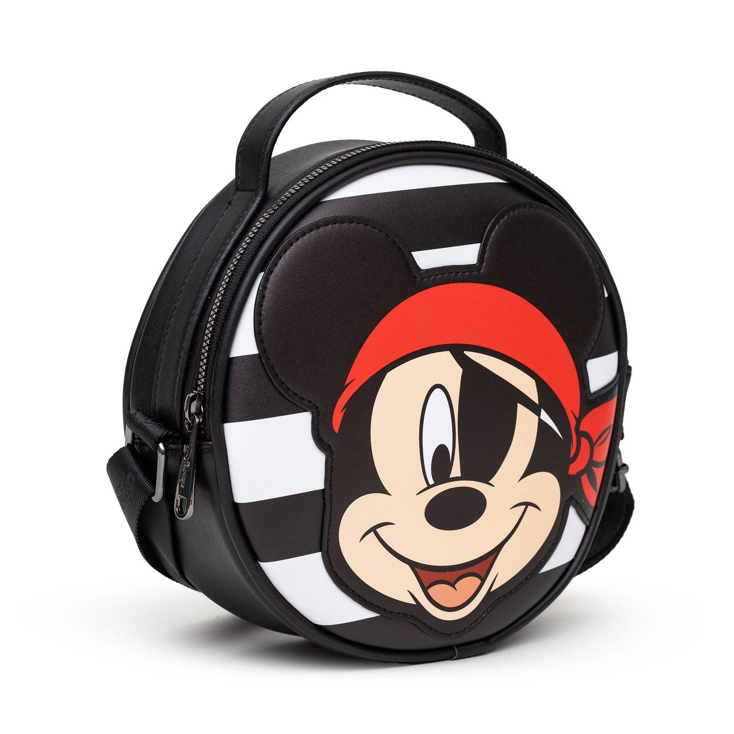 Disney Bag, Crossbody, Round, Pirate Mickey Mouse Smiling Expression Applique, Stripe Black White, Vegan Leather